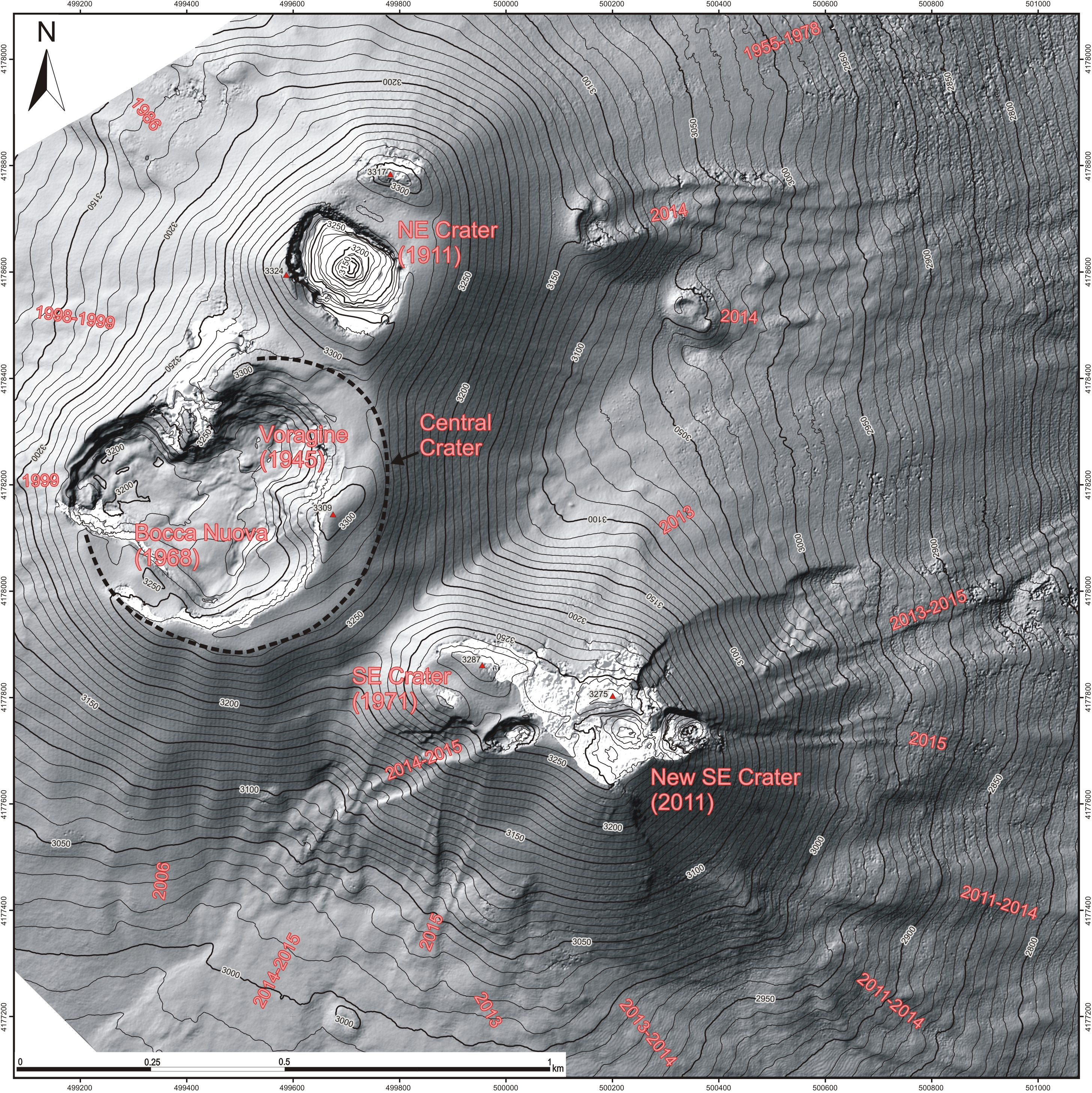 Mappa topografica dell'area sommitale dell'Etna, dicembre 2015