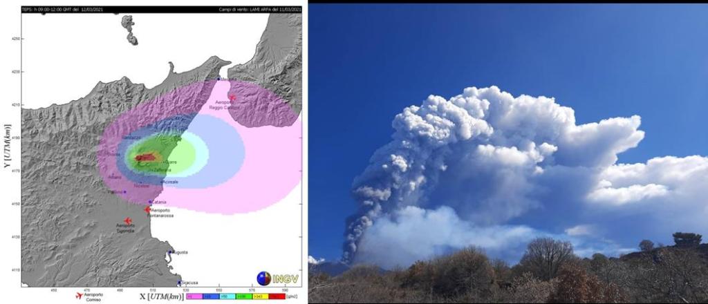 Figura 1. A sinistra un esempio dei risultati forniti al DPC dall’INGV-OE per l’evento del 12/03/2021, a destra una foto scattata da Simona Scollo durante l’evento.