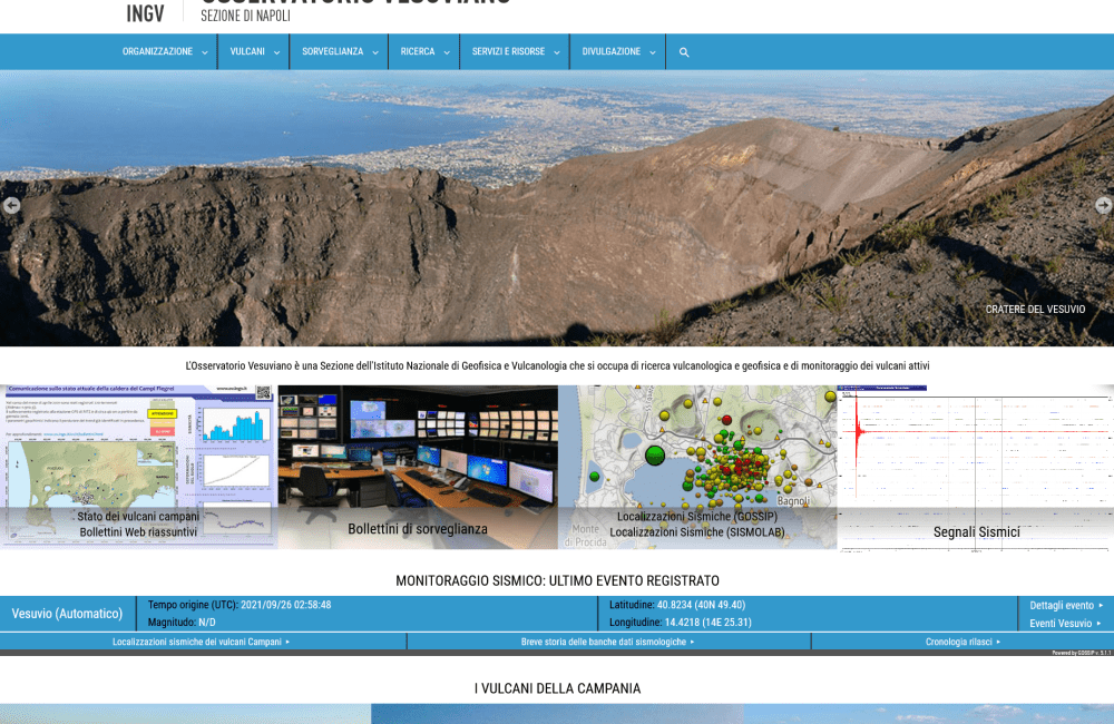Home page del nuovo sito web dell'Osservatorio Vesuviano