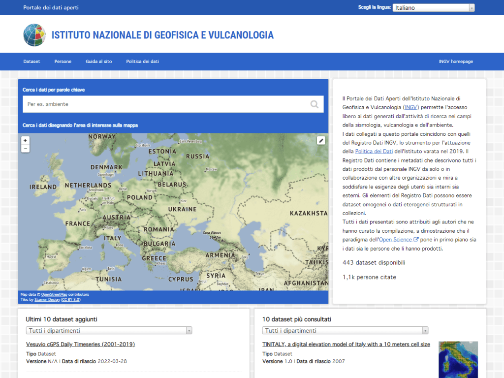 Figura 1. Homepage del portale Open Data dell’INGV, https://data.ingv.it