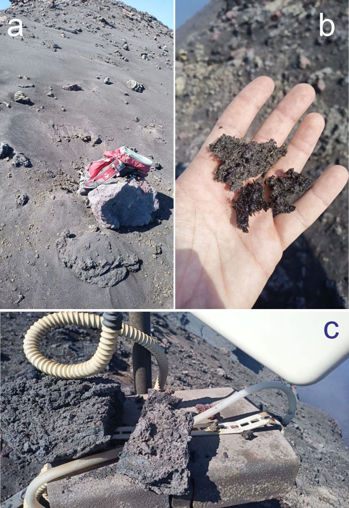 Figura 4 - Immagini scattate durante un sopralluogo in area sommitale dello Stromboli, 14 maggio 2022. (a) Blocco litico vicino al Pizzo, lo zaino (alto circa 50 cm) dà la scala. (b) Scorie fresche ritrovate sul Pizzo. (c) La telecamera di sorveglianza termica installata sul Pizzo, protetta da un cu polino rigido che l’ha protetta dall’impatto di materiale piroclastico. Fotografie di Francesco Ciancitto.
