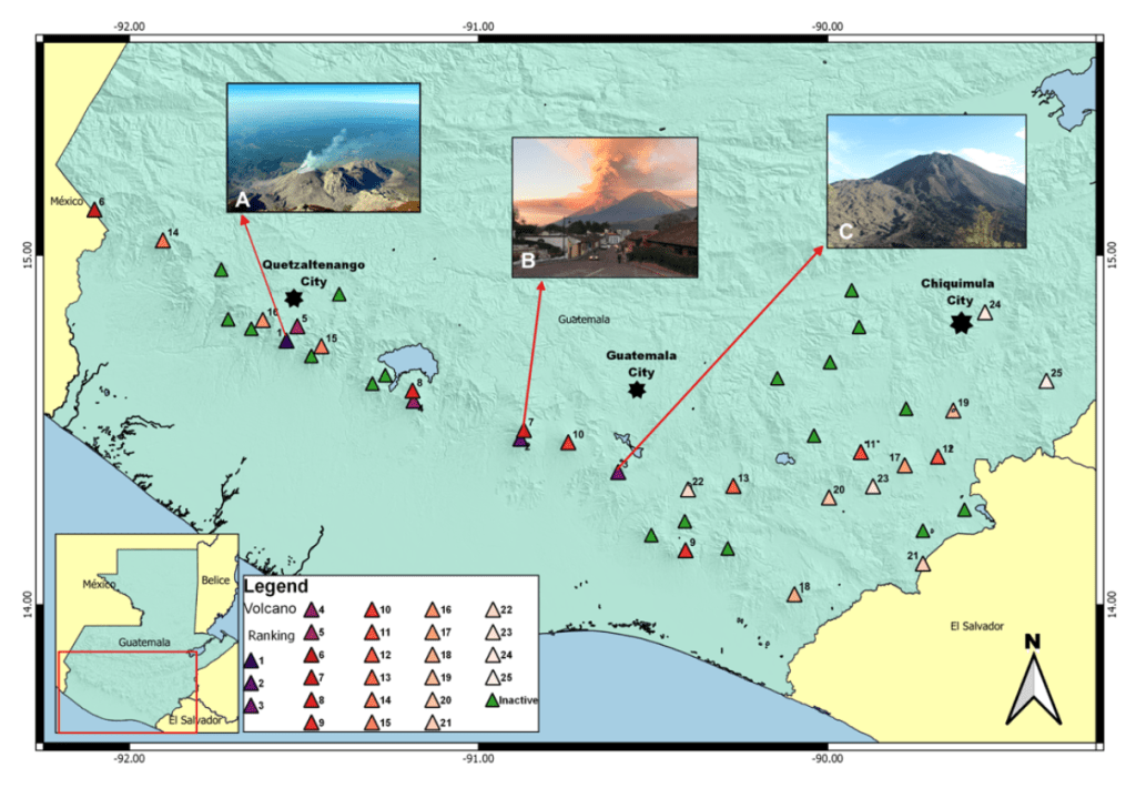 Figura 1 - Mappa dei vulcani guatemaltechi. Nella mappa sono indicati in verde i vulcani inattivi (18), mentre i vulcani attivi e potenzialmente attivi sono mostrati con colori diversi per identificare le loro posizioni nella classifica. I tre vulcani in continua attività sono: Santa Maria/Santiaguito (A), Fuego (B) e Pacaya (C). Immagine tratta da Volcano observatories and monitoring activities in Guatemala.
