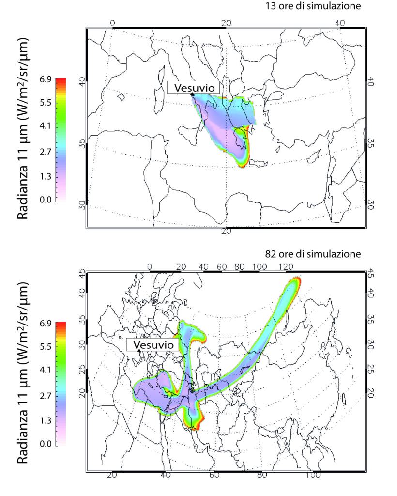 Figura 6 - Immagine satellitare sintetica, ricostruita in base ai dati di una simulazione numerica dell’eruzione del Vesuvio del 79 d.C., e alle misure effettuate su campioni di cenere della stessa eruzione. Conoscendo la concentrazione di ceneri e di gas in atmosfera (calcolata dal modello) e il contenuto in silice della cenere eruttata nel corso dell’eruzione, è possibile calcolare quel che un satellite avrebbe visto nel 79 d.C., dopo 13 ore (in alto) e dopo 82 ore (in basso) dall’inizio dell’eruzione. Colori diversi corrispondono a diversi valori di radianza, ovvero di energia emessa dalla nube eruttiva che raggiunge il satellite per unità di tempo, area, frequenza e angolo di vista. Immagine realizzata da Matteo Cerminara, Stefano Corradini, Federica Pardini e Lorenzo Guerrieri.