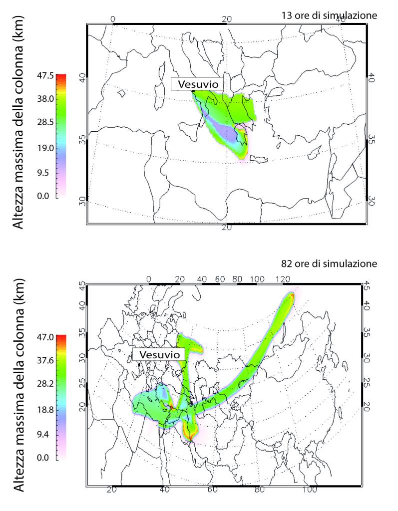 Figura 8 - Immagine satellitare sintetica, ricostruita a partire dai dati di una simulazione numerica dell’eruzione del Vesuvio, e dalle misure effettuate su campioni di cenere dell’eruzione del 79 dC. Conoscendo la concentrazione di ceneri e di gas in atmosfera (calcolata dal modello) e il contenuto in silice della cenere eruttata, è possibile calcolare quel che un satellite avrebbe visto nel 79 dC, dopo 13 ore (in alto) e dopo 82 ore dall’inizio dell’eruzione (in basso). In quest’immagine, colori diversi corrispondono all’altezza massima raggiunta dalla colonna eruttiva. Immagine realizzata da Stefano Corradini, Lorenzo Guerrieri, Matteo Cerminara e Federica Pardini.