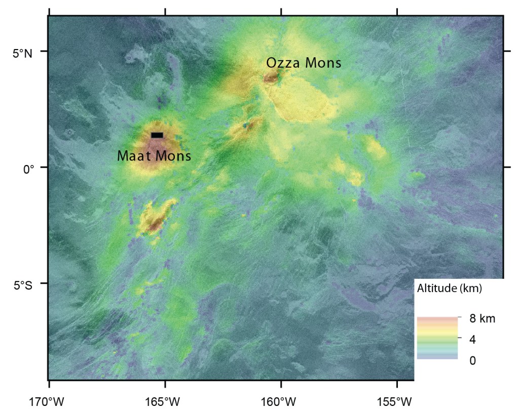 Figura 1 - Topografia e immagine SAR dell’area studiata su Venere.Figura tratta dall’articolo su Science “Surface changes observed on a Venusian volcano during the Magellan mission" 
