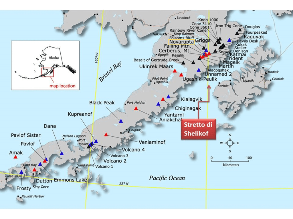 Figura 1 – Mappa dei vulcani attivi della penisola dell’Alaska. Immagine modificata da Alaska Volcano Observatory, USGS. (https://www.avo.alaska.edu/images/image.php?id=14265). 