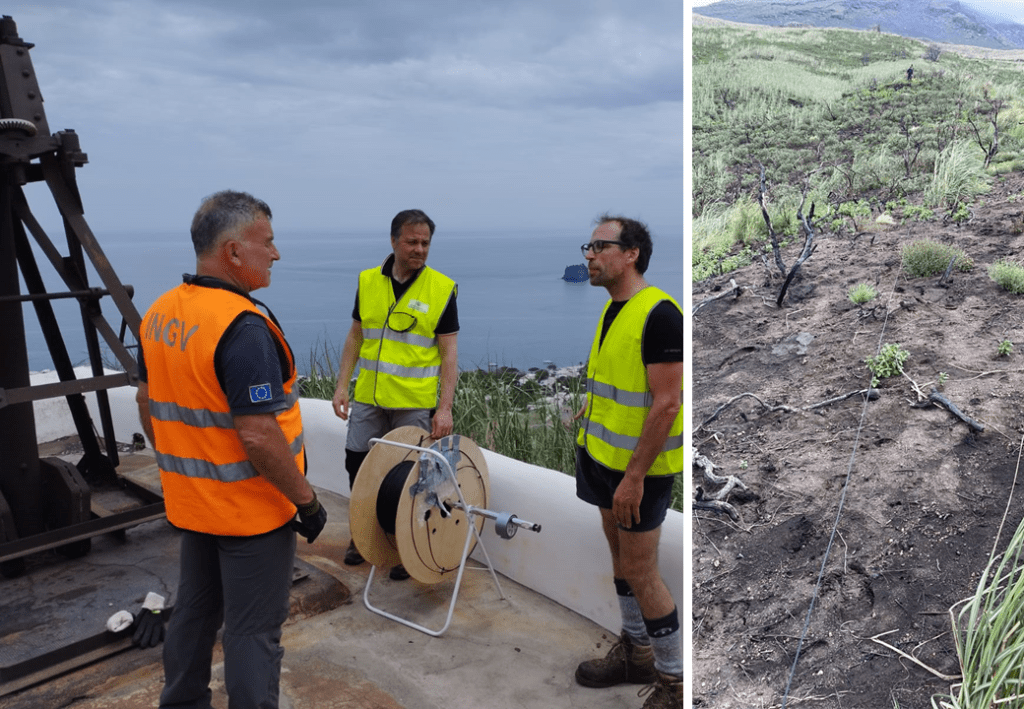 Figura 3 - Operazioni di stesura del cavo in fibra ottica sopra l’osservatorio dell'Università di Firenze a Stromboli - 21 maggio 2023.