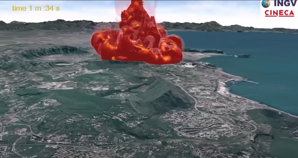 Simulazione numerica tridimensionale della fase di collasso di una colonna Pliniana ai Campi Flegrei, di scala analoga all'eruzione di Agnano Monte Spina (avvenuta circa 4.500 anni fa). La bocca eruttiva è ipotizzata al centro della conca di Agnano. Le condizioni della miscela eruttiva assunte alla bocca sono basate sulla ricostruzione dell’eruzione di Agnano Monte Spina e il flusso di massa ipotizzato è dell’ordine di 108 kg/s. Le diverse tonalità di colore rappresentano la temperatura della miscela piroclastica dopo 1 minuto e 34 secondi di simulazione: 100°C (esterno, rosa) e 350°C (interno, da rosso a giallo). La topografia è rappresentata da un modello digitale del terreno (DEM) con risoluzione di 10 m sul quale sono state in qualche caso sovrapposte delle ortofoto aeree.