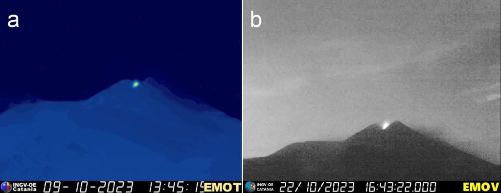 Figura 1 - Immagini delle telecamere di sorveglianza dell’INGV-Osservatorio Etneo. (a) Immagine ripresa dalla telecamera termica dell’INGV Osservatorio Etneo installata sulla Montagnola, che mostra la prima esplosione al Cratere di Sud-Est in questo nuovo periodo eruttivo, il 9 ottobre alle ore 13:45 UTC (ore locali -2). (b) Esplosione stromboliana catturata dalla telecamera visiva ad alta risoluzione installata sulla Montagnola, 22 ottobre ore 16:43 UTC.