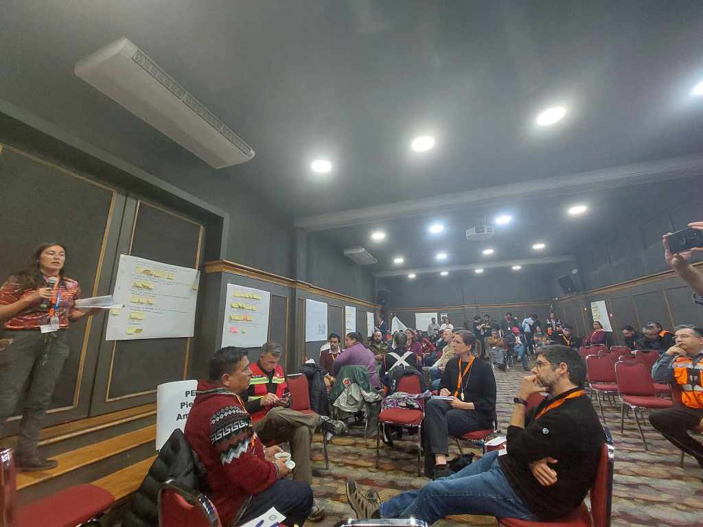 Figura 12 - Incontro tra i partecipanti al workshop VOBP, le autorità di protezione civile locale e i residenti: un momento di discussione a piccoli gruppi a Pucon, Cile.