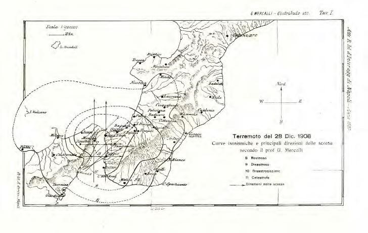 Mappa delle intensità macrosismiche valutate da Giuseppe Mercalli per il terremoto del 1908.