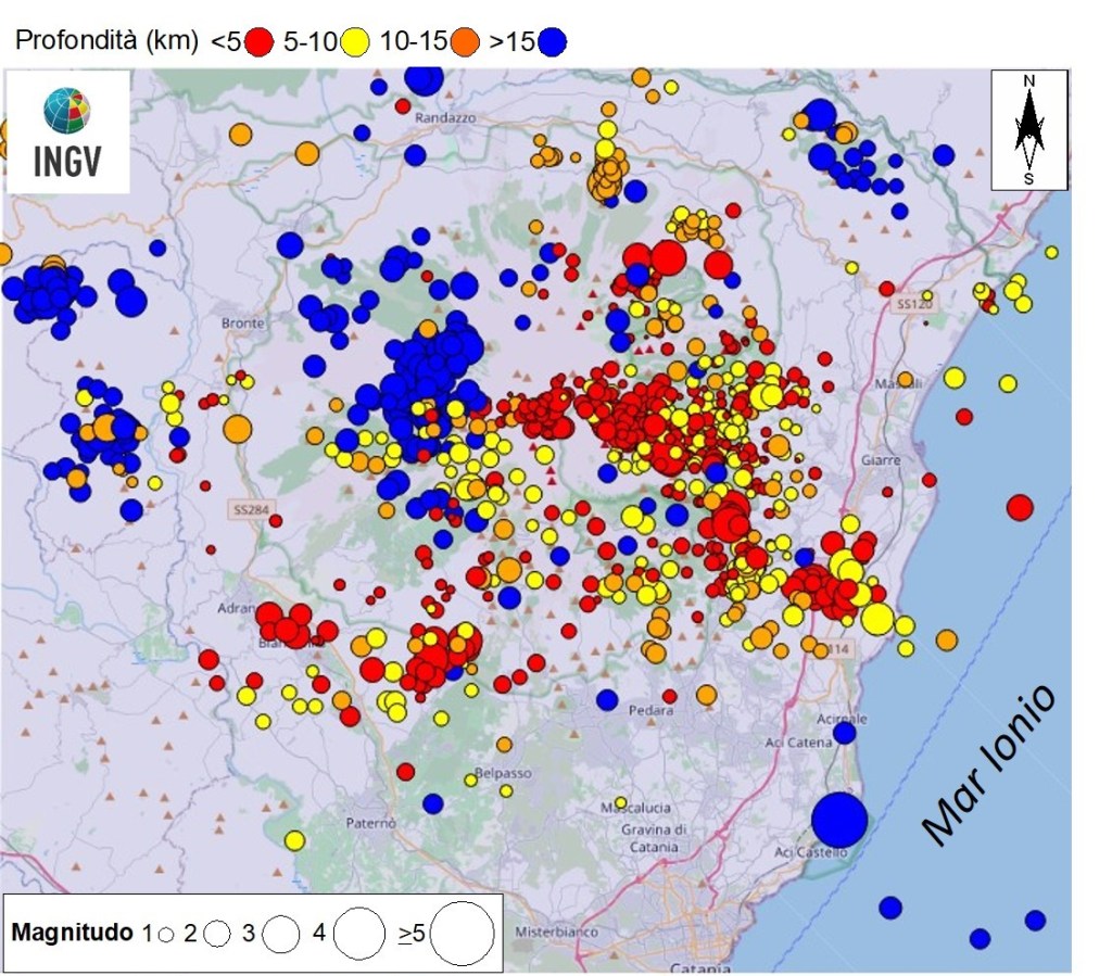 Figura 9 - Mappa dei terremoti localizzati nell’area etnea durante il 2023 (da Banche dati terremoti).