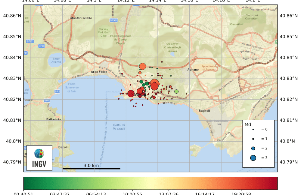 Eventi sismici registrati tra le ore 00.00 del 20 maggio 2024 e le ore 00.31 del 21 maggio 2024. L’evento di maggiore magnitudo è stato registrato alle ore 20.10 del 20 maggio 2024 (Md=4.4±0.3).