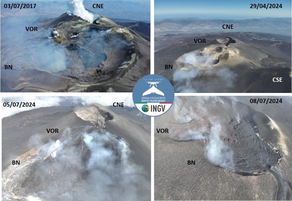 Figura 2 - immagini riprese da drone dei crateri sommitali dal 2017 ad oggi. CNE = Cratere di Nord Est, VOR = Voragine, BN = Bocca Nuova, CSE = Cratere di Sud-Est.