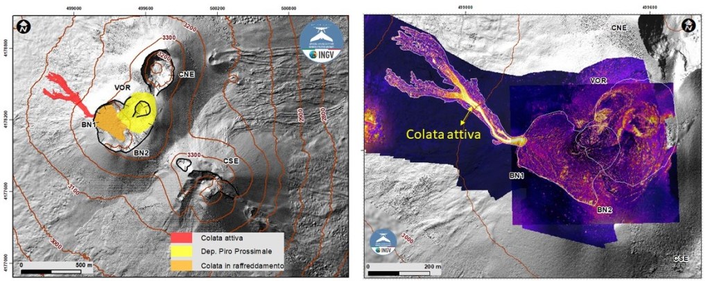 Figura 3 - A sinistra: mappa dei campi lavici del 4 e 7 luglio, fornita dal Laboratorio per il bollettino settimanale di monitoraggio dell’Etna del 09 luglio 2024. A destra: ortomosaico termico realizzato con le immagini da drone dell’8 luglio.