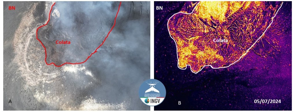 Figura 5 - Immagini nel campo del visibile (A) e termica (B) della Bocca Nuova (BN) riempita dalla colata prodotta dal parossismo della Voragine del 4 luglio.
