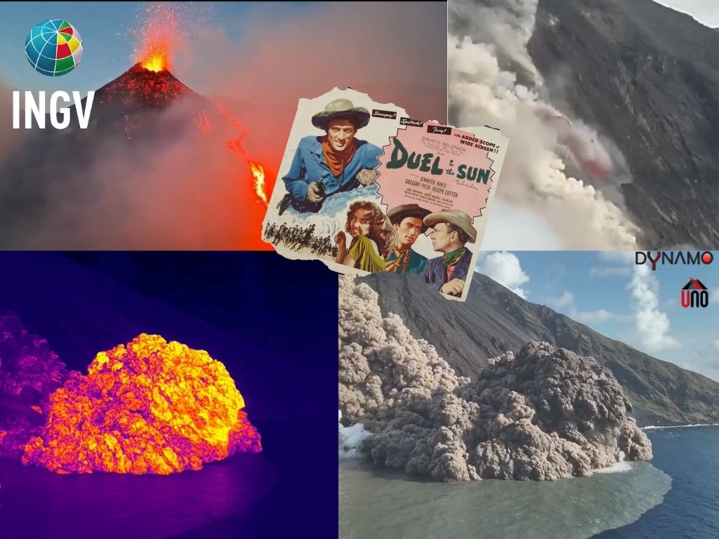 Collage di immagini relative all’attività eruttiva di Etna (in alto a sinistra) e Stromboli nelle giornate del 3 e 4 luglio 2024.