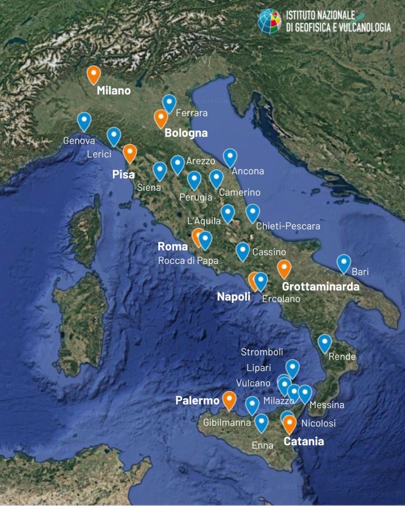 Sezioni (in arancio) e sedi (in azzurro) INGV sul territorio italiano
