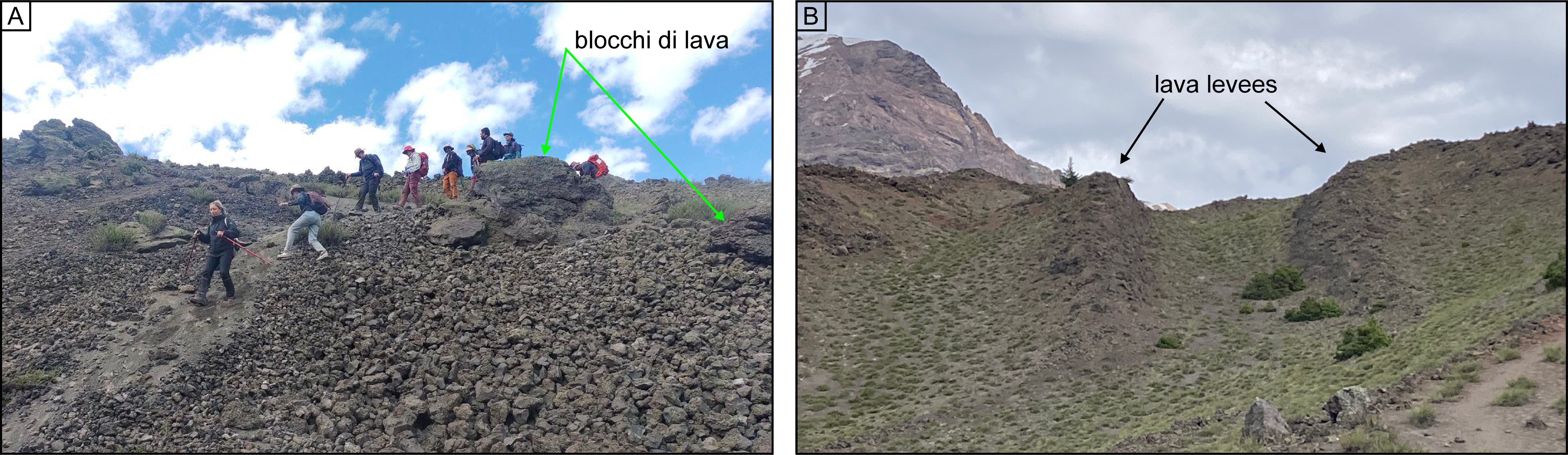 Figura 3 - A) Escursione su detriti del campo lavico di Los Hornitos; B) lava levees