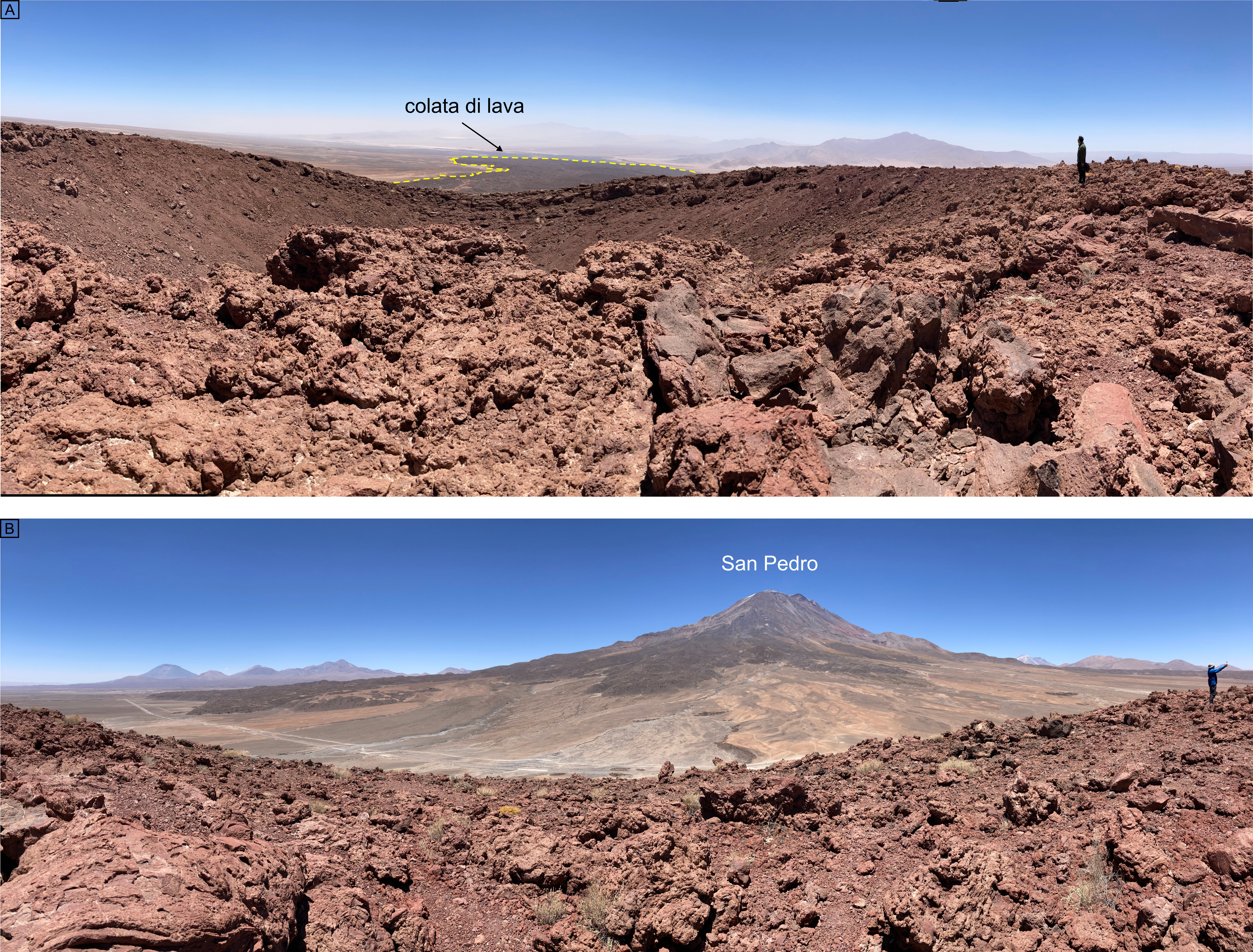 Figura 8 - Area craterica del vulcano La Poruña con, sullo sfondo: A) la colata lavica (ovest); e B) il vulcano San Pedro (est).