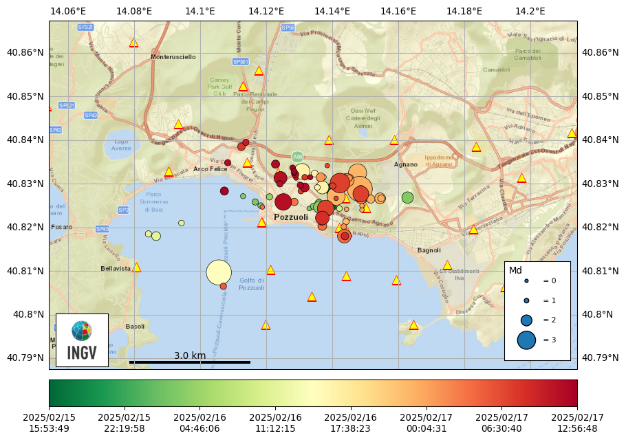 Nella mappa sono riportate le localizzazioni degli eventi sismici registrati ai Campi Flegrei con magnitudo Md ≥ 1.0. (aggiornamento sciame ore 14.08 del 17 febbraio 2025).