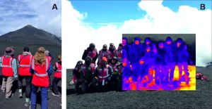 Figura 1 - A) Etna versante Sud, 2900 m di quota, i partecipanti stanno assistendo ad un sorvolo eseguito con un drone dotato di telecamera termica e visibile in prossimità del Cratere di Sud Est; B) immagine visibile e termica, scattata da drone, dei partecipanti alla scuola durante i rilievi presso il versante sud dell’Etna.