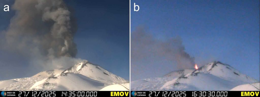 Figura 5 - (a) Il secondo episodio parossistico al Cratere di Nord-Est nel pomeriggio del 27 dicembre 2025. (b) Attività stromboliana alla bocca sul fianco orientale della Voragine, al tramonto del 27 dicembre 2025. Immagini catturate dalla telecamera di sorveglianza “EMOV”, che è ubicata sulla Montagnola, sull’alto versante meridionale dell’Etna.