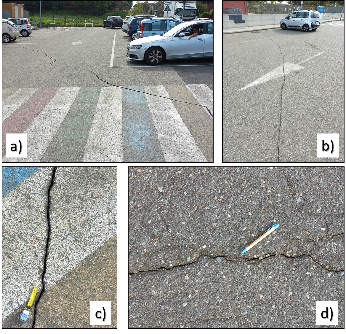 Figura 4 – a) Frattura principale con direzione NO-SE che attraversa il piazzale antistante il plesso scolastico Teresa di Calcutta. b) Frattura secondaria.