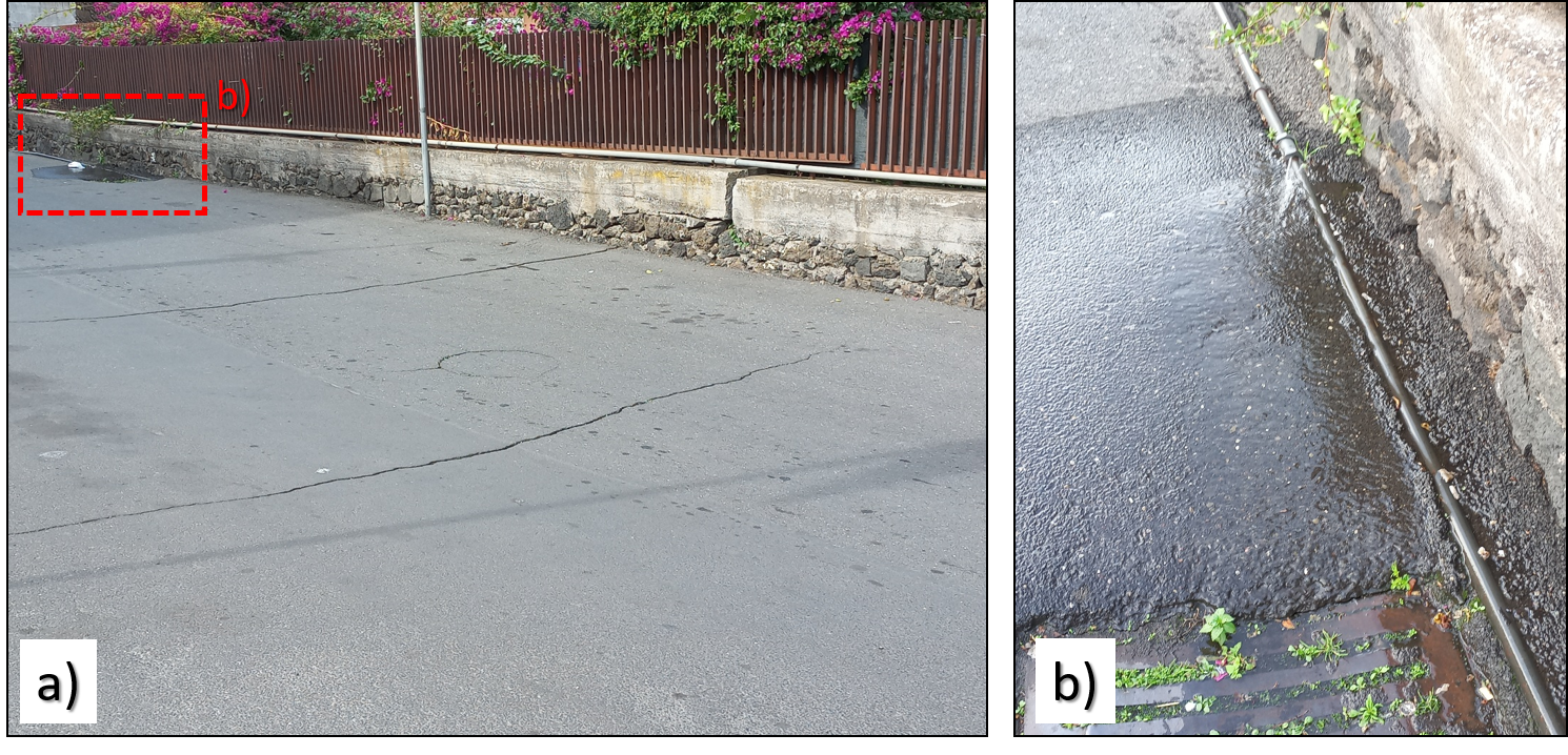 Figura 5 - a) Sistema di fratture che tagliano la via Ravanusa e dislocano il muro di recinzione di un condominio. b) Particolare della rottura della tubazione di acqua potabile.