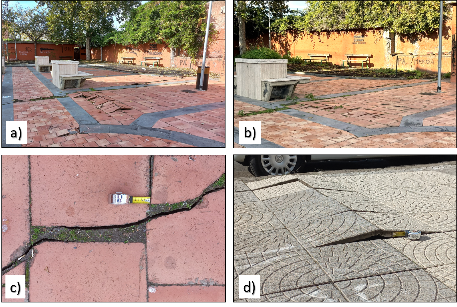 Figura 6 - a) Sistema di fratture che attraversano la “piazzetta” lungo la via Etnea: la struttura in compressione è determinata dalla dislocazione con componente destra, il cui movimento è parzialmente impedito dalla tassellatura della pavimentazione. b) Lo stesso sito fotografato il 6-12-2024: si noti che la struttura in compressione è appena accennata. c) Particolare di una rottura in cui in cui si osserva il detrito di riempimento scollato dai bordi della frattura, indicativo di una riattivazione di un elemento preesistente: rigetto orizzontale destro di 1 cm, verticale 0.5 cm. d) Struttura in compressione formatasi sul marciapiede opposto, sempre lungo la via Etnea: il raccorciamento ha provocato un sollevamento di 5 cm.