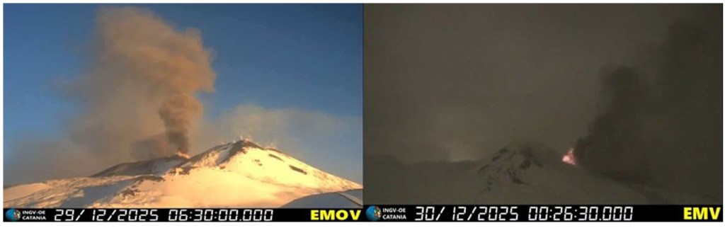 Figura 1 - Attività esplosiva ed emissioni di cenere ai crateri sommitali dell'Etna ripresi dalle telecamere di videosorveglianza dell'INGV Osservatorio Etneo nei giorni 29 e 30 dicembre 2025