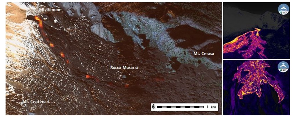 Figura 5 – Etna - Campo lavico in regressione. A sinistra, immagine SkySat9_Landsat6: sovrapposizione dell'immagine Skysat del 9 gennaio 2026 e le anomalie termiche ottenute dall'immagine Landsat del 6 gennaio 2026. A destra, immagini termiche registrate da drone il 9 gennaio