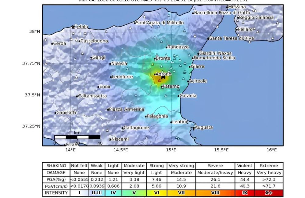 La mappa di scuotimento (SHAKE MAP) dell’evento di oggi calcolata dai dati delle reti sismiche e accelerometriche INGV e DPC mostra dei livelli di scuotimento fino al VI-VII grado MCS.