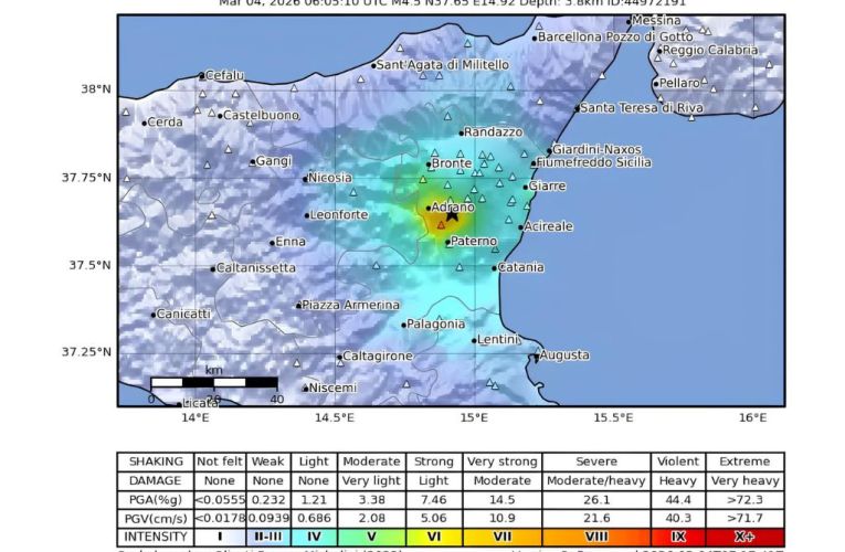 La mappa di scuotimento (SHAKE MAP) dell’evento di oggi calcolata dai dati delle reti sismiche e accelerometriche INGV e DPC mostra dei livelli di scuotimento fino al VI-VII grado MCS.