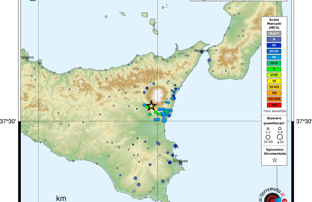 Figura 2 - Mappa del risentimento sismico in scala MCS (Mercalli-Cancani-Sieberg) che mostra la distribuzione degli effetti del terremoto sul territorio come ricostruito dai questionari on line. La mappa contiene una legenda (sulla destra). Con la stella in colore viola viene indicato l’epicentro del terremoto, i cerchi colorati si riferiscono alle intensità associate a ogni comune. Nella didascalia in alto sono indicate le caratteristiche del terremoto: data, magnitudo, profondità (Prof) e ora locale. Viene inoltre indicato il numero dei questionari elaborati per ottenere la mappa stessa.