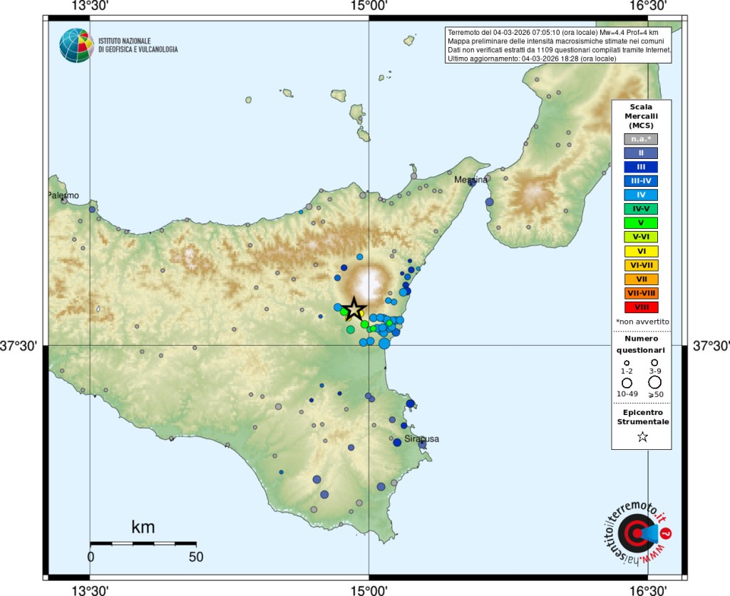 Figura 2 - Mappa del risentimento sismico in scala MCS (Mercalli-Cancani-Sieberg) che mostra la distribuzione degli effetti del terremoto sul territorio come ricostruito dai questionari on line. La mappa contiene una legenda (sulla destra). Con la stella in colore viola viene indicato l’epicentro del terremoto, i cerchi colorati si riferiscono alle intensità associate a ogni comune. Nella didascalia in alto sono indicate le caratteristiche del terremoto: data, magnitudo, profondità (Prof) e ora locale. Viene inoltre indicato il numero dei questionari elaborati per ottenere la mappa stessa.