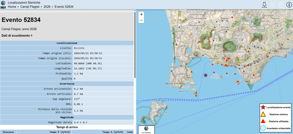 Figura 2 - Mappa epicentrale e principali parametri misurati per il terremoto avvenuto il 21 maggio 2026 nell'area dei Campi Flegrei. Dal Database GOSSIP - INGV Osservatorio Vesuviano.